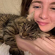 Olive joined the competition — help win amazing prizes! person, cat, tabby, sleeping_cat, pet, cozy, blanket, fur, paw, whiskers, selfie, portrait, indoor, bed, cuddle, smile, human_face, close_up, relaxation, soft_fabric
