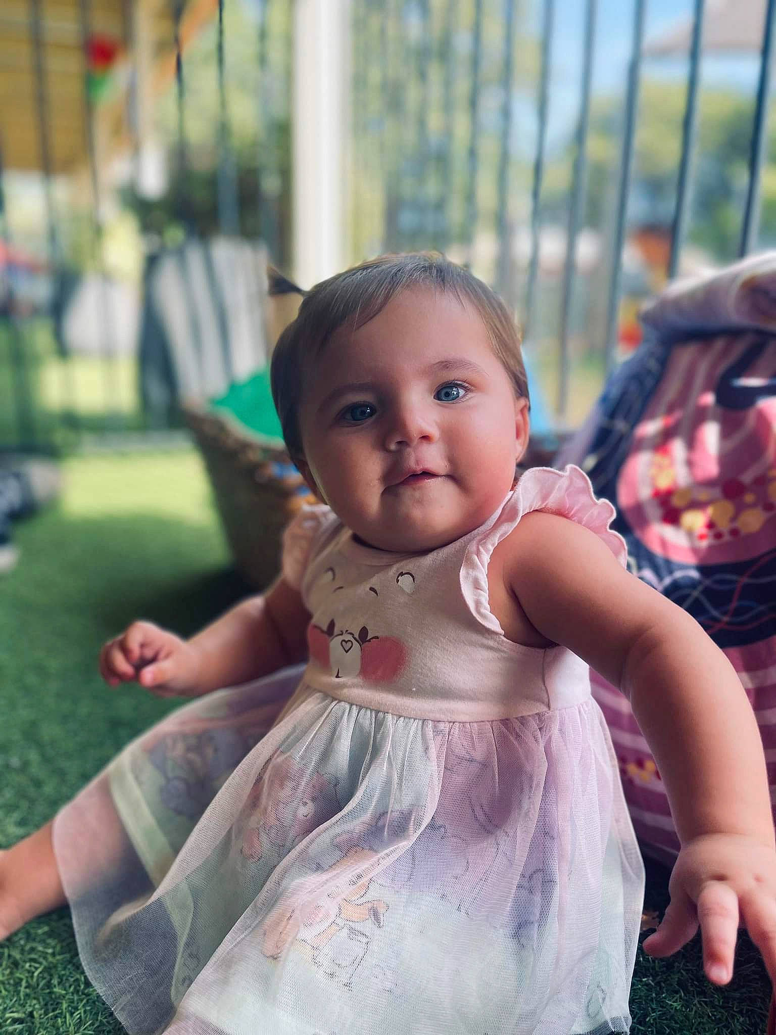 Layla joined the competition — help win amazing prizes! abdomen, baby, baby_products, baby_toddler_clothing, child, event, fence, fun, grass, happy, leisure, person, pink, play, recreation, sitting, skin, toddler, vacation