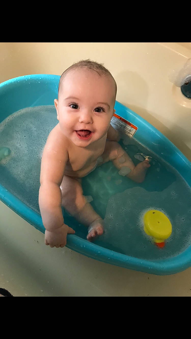 Hayleigh is registered to the contest to win money with this photo: baby, baby_bathing, bathing, bathtub, child, fun, leisure, person, play, product, toddler, washing