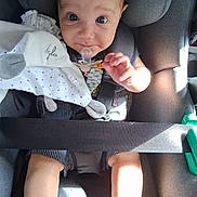 Mylo participe au concours pour gagner de l'argent avec cette photo : baby, car_seat, child, clothing, comfort, cute, expression, face, hand, human, indoor, infant, legs, pacifier, portrait, safety, seat, seatbelt, sunlight, toy
