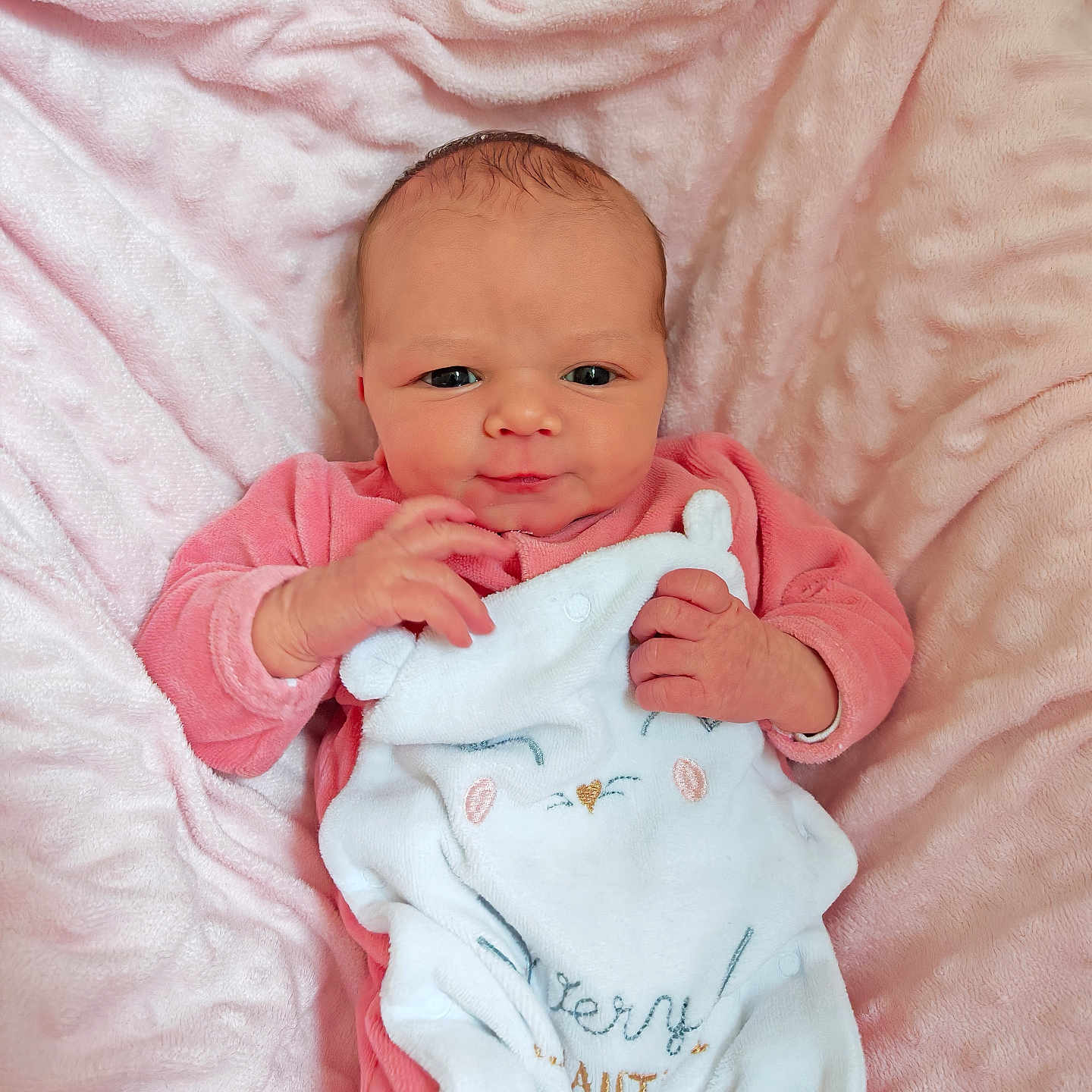Ambre participe au concours pour gagner de l'argent avec cette photo : baby, newborn, infant, pink_blanket, pink_clothing, onesie, soft_texture, cute, cozy, sleepy_animal, embroidered_text, portrait, indoor, closeup, child, face, hand, lying_down, person, warm