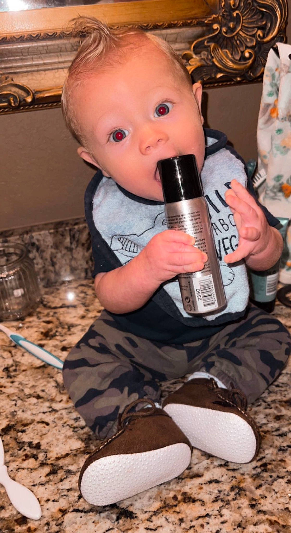 Daxton joined the competition — help win amazing prizes! baby, baby_products, baby_toddler_clothing, bottle, cheek, child, drinkware, flooring, fun, hairstyle, head, leg, person, play, room, sitting, sleeve, sock, surprise, t_shirt
