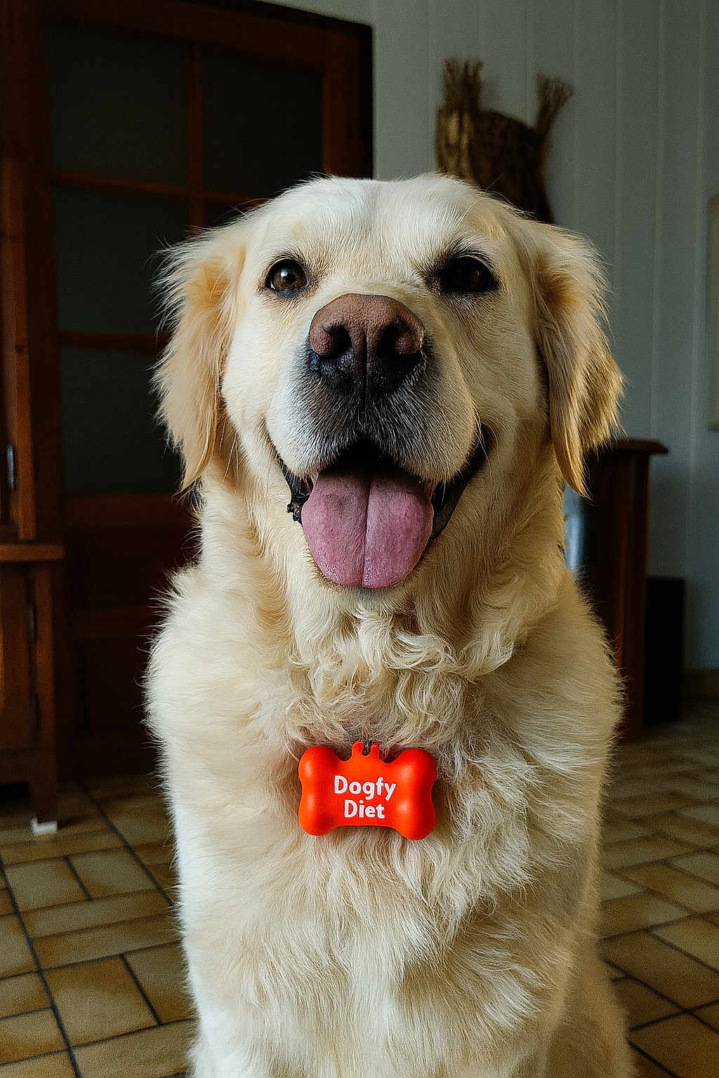 Maïko a rejoint le concours — aidez-le/la à gagner de superbes lots ! dog, golden_retriever, pet, indoor, tongue_out, fur, tag, bone_shaped_tag, smiling, cute, animal, canine, happy, floor, tile_floor, door, furniture, house, portrait, friendly