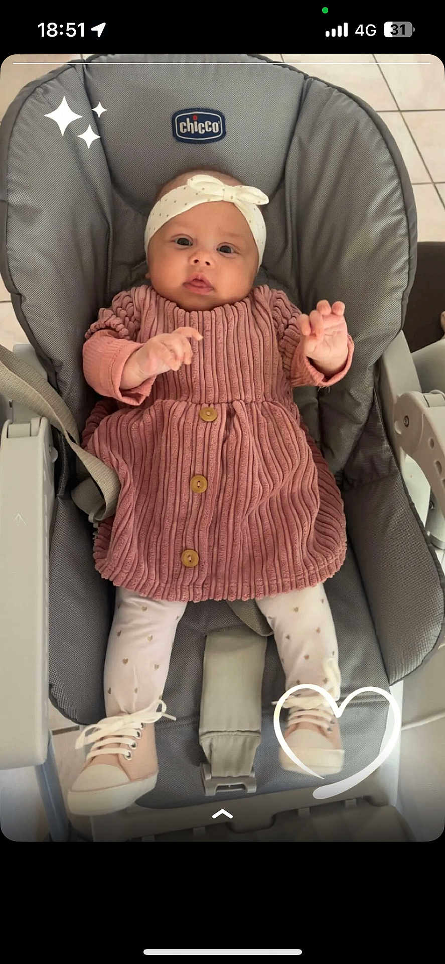 Eléa participe au concours pour gagner de l'argent avec cette photo : baby, infant, child, headband, dress, leggings, sneakers, baby_seat, chicco, heart_doodle, floor_tiles, indoor, cute, pink, white, patterned_clothing, portrait, baby_clothing, footwear, seat_belt