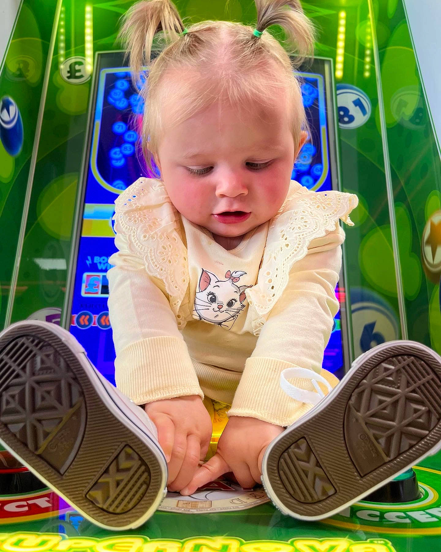 Olivia joined the competition — help win amazing prizes! baby, baby_toddler_clothing, child, eye, finger, fun, grass, green, hairstyle, human, leisure, organ, people, person, photograph, product, shoe, sneakers, toddler, walking_shoe