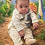 Gabriel participe au concours pour gagner de l'argent avec cette photo : baby, cartoon_dinosaur, child, closeup, colorful, dinosaur_backdrop, face, feet, grass, hands, infant, onesie, person, portrait, rocks, sitting, socks, studio_photography, volcano, wide_eyes