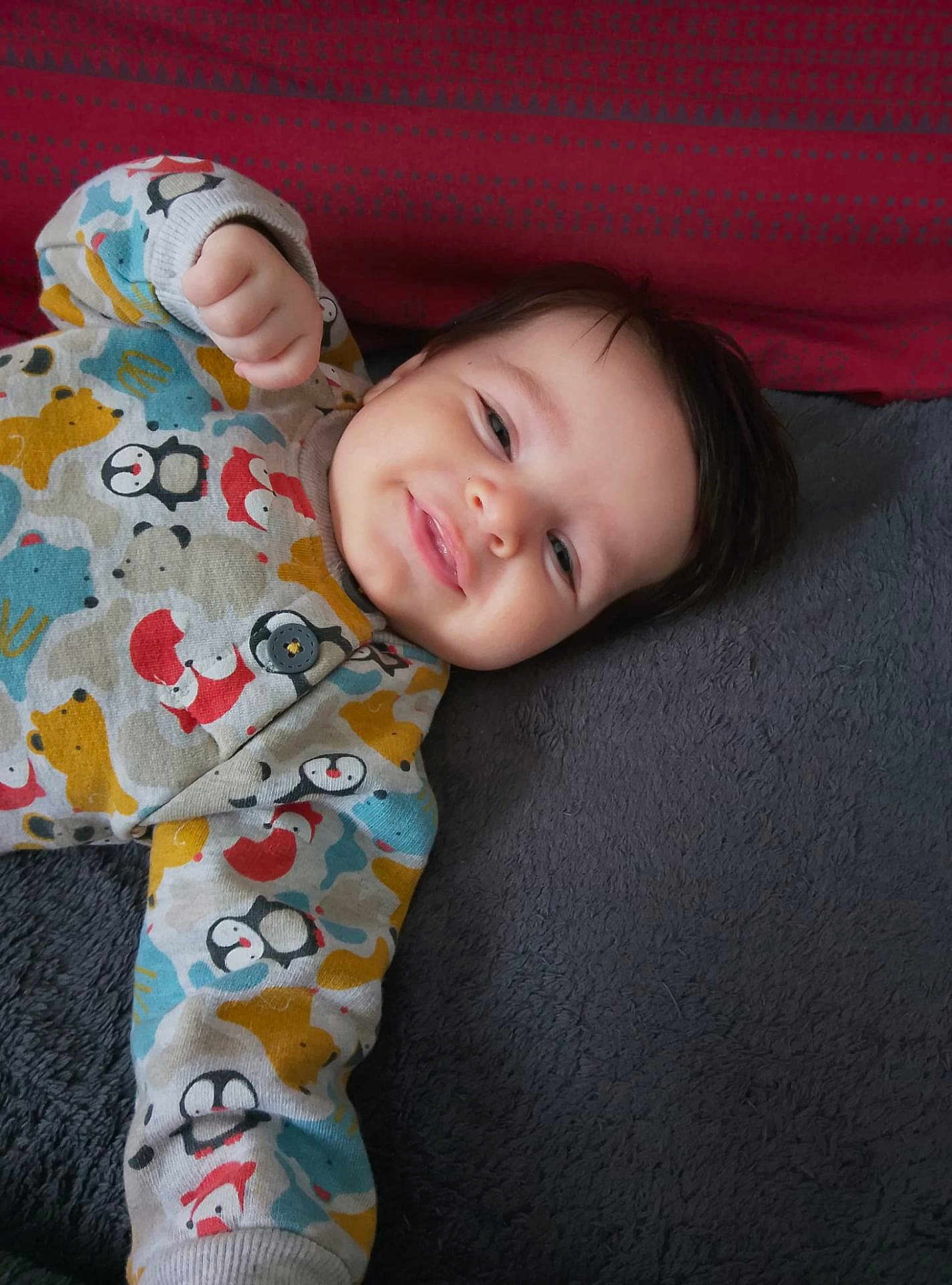 Paul participe au concours pour gagner de l'argent avec cette photo : baby, infant, smile, face, onesie, patterned_clothing, penguin, bear, fox, hand, hair, lying_down, blanket, pillow, cozy, cute, portrait, indoor, closeup, toddler