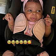Northrenity joined the competition — help win amazing prizes! accessory, adorable, baby, bow, bracelet, car_seat, car_seat_strap, child, clothing, cute, expression, face, headband, indoors, infant, person, pink_clothing, safety_harness, seatbelt, young_child