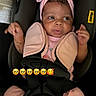 accessory, adorable, baby, bow, bracelet, car_seat, car_seat_strap, child, clothing, cute, expression, face, headband, indoors, infant, person, pink_clothing, safety_harness, seatbelt, young_child