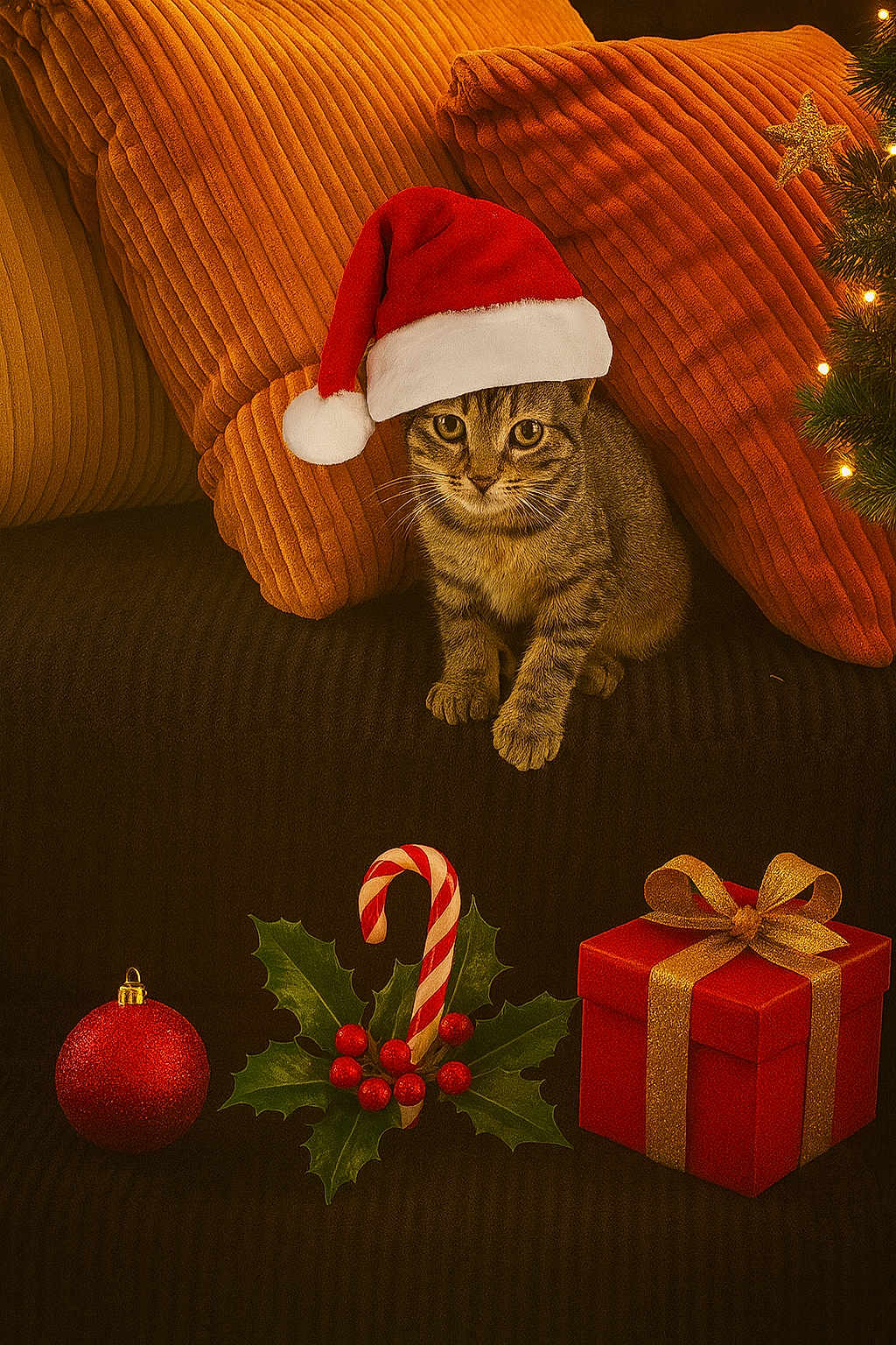 Jasper is registered to the contest to win money with this photo: cat, kitten, santa_hat, christmas, holiday, couch, pillows, orange_pillows, red_bauble, candy_cane, holly, gift_box, gold_ribbon, decorations, indoor, festive, cute, pet, tabby_cat, cozy
