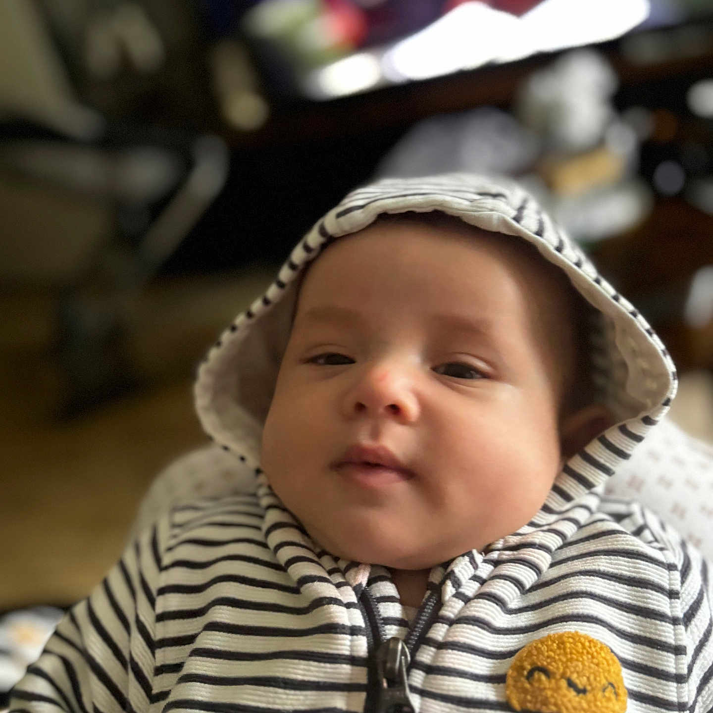 Tianay a rejoint le concours — aidez-le/la à gagner de superbes lots ! apparel, baby, casual_wear, child, cute, expression, face, headwear, hoodie, indoor, infant, person, portrait, smiling_patch, soft_focus, striped_clothing, warm_lighting, young, young_child, zipper