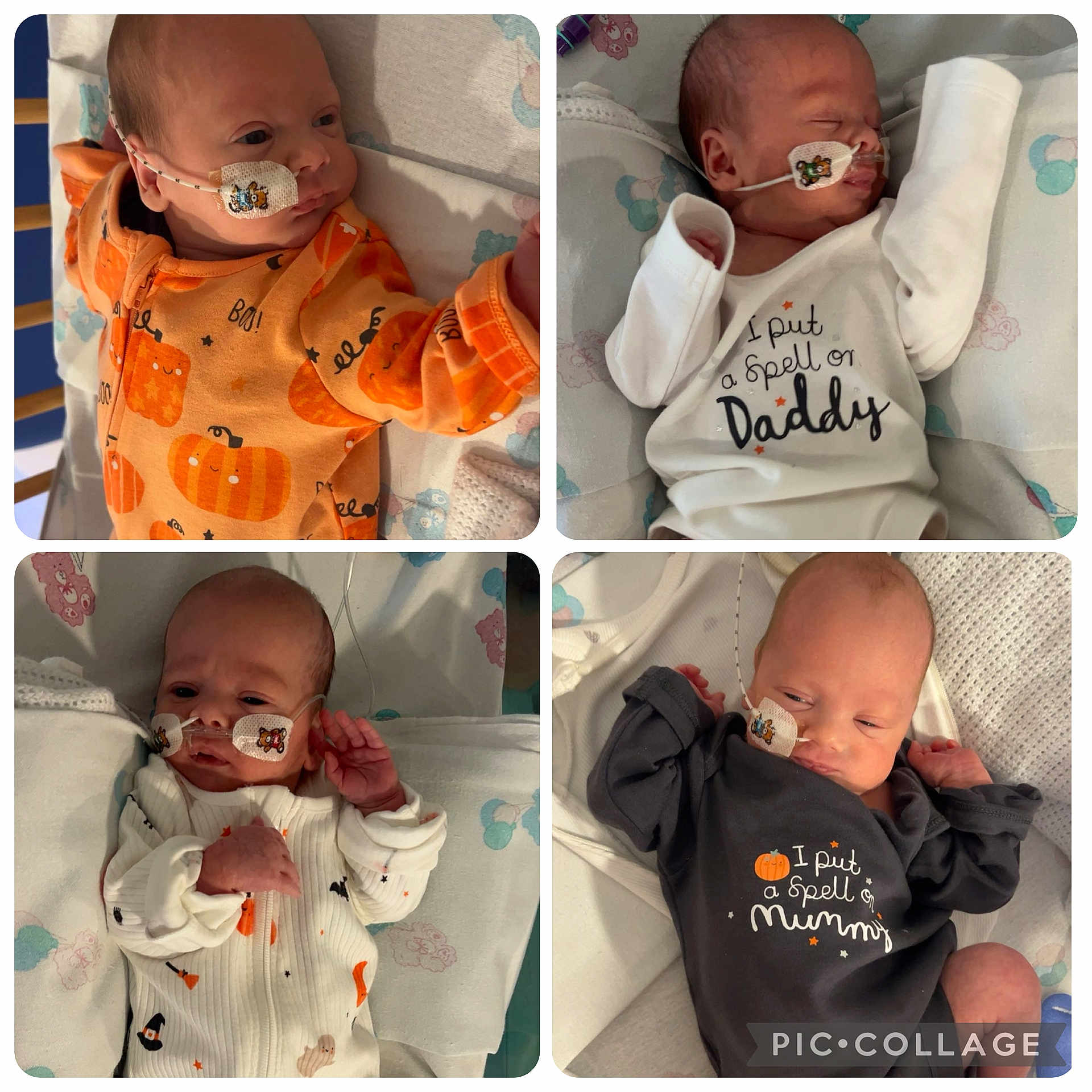 Elias And Romeo is registered to the contest to win money with this photo: baby, infant, newborn, onesie, medical_tube, hospital, cute, sleeping, collage, patch, face, bed, blanket, child, clothing, cute_outfit, resting, soft_lighting, hospital_bed, peaceful