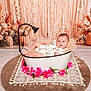 baby, bathtub, flowers, pink, vintage, portrait, indoor, decor, floral_arrangement, baby_clothes, floor, carpet, blanket, cute, infant, child, studio_shot, decorative, relaxed, boho_style