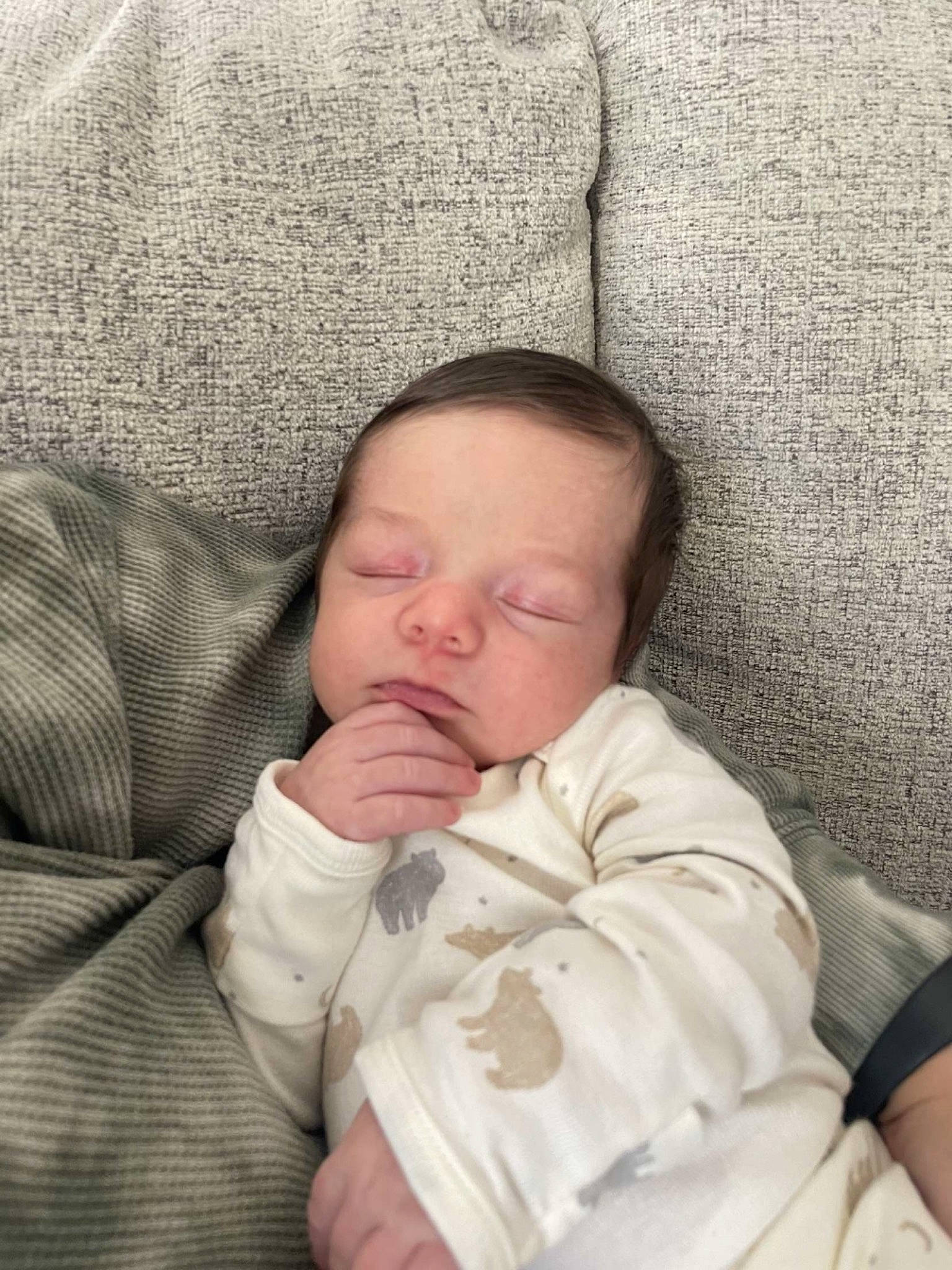 Caden is registered to the contest to win money with this photo: baby, baby_sleeping, baby_toddler_clothing, cheek, child, chin, comfort, eye, eyebrow, finger, gesture, hair, linens, nose, person, room, sitting, skin, sleeve, thumb