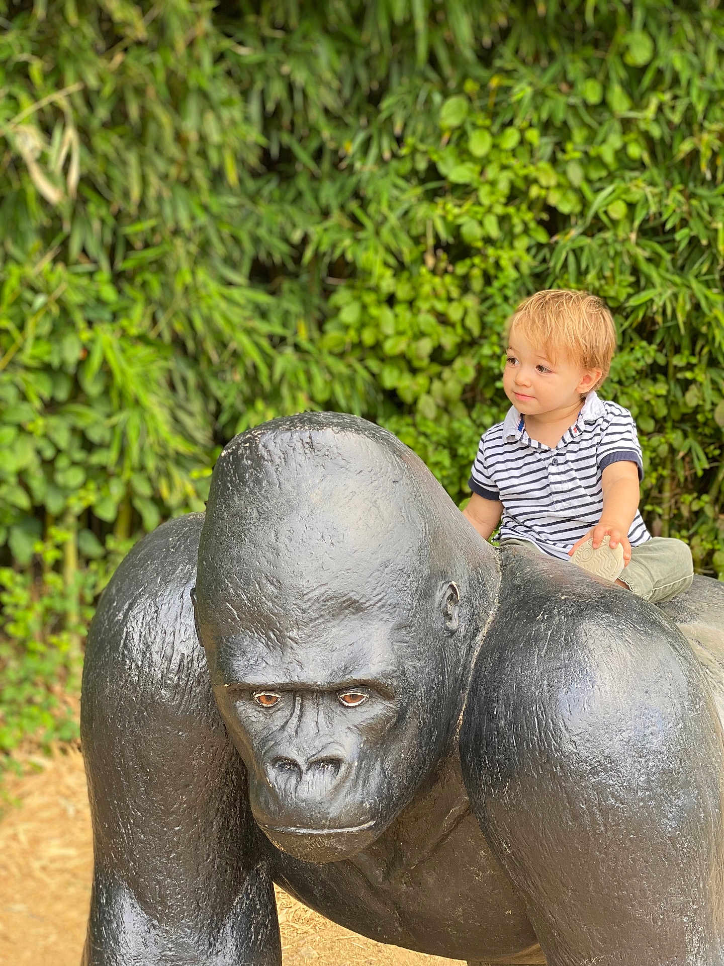 Noa a rejoint le concours — aidez-le/la à gagner de superbes lots ! toddler, child, statue, gorilla, outdoor, greenery, foliage, nature, curious, blond_hair, striped_shirt, casual_clothing, playful, sculpture, park, daylight, portrait, sitting, young_child, expression