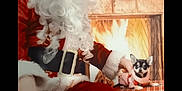 Roo joined the competition — help win amazing prizes! adult, animal, bodypart, bride, canine, christmas, couch, dog, female, festival, finger, fireplace, hand, head, indoors, person, pet, santaclaus, wedding, woman
