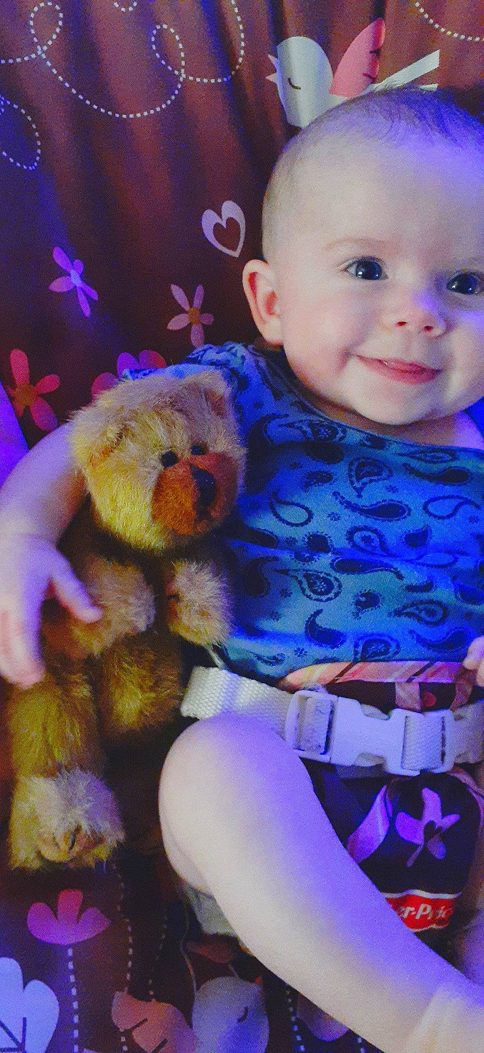 Zenna Rene is registered to the contest to win money with this photo: baby, cheek, child, fun, iris, person, purple, smile, teddy_bear, toddler, violet