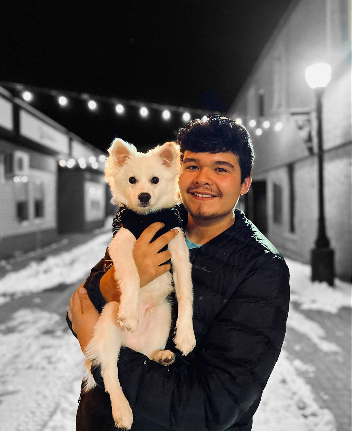 Bentley is registered to the contest to win money with this photo: bear, canidae, companion_dog, event, flash_photography, formal_wear, freezing, fun, fur, fur_clothing, gesture, happy, outerwear, playing_in_the_snow, smile, snout, snow, stuffed_toy, toy, winter