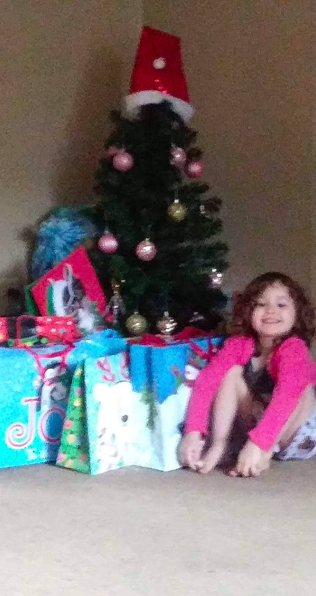 Davinity is registered to the contest to win money with this photo: christmas, christmas_decoration, christmas_eve, christmas_ornament, christmas_tree, conifer, event, evergreen, happy, holiday, holiday_ornament, joy, lap, living_room, ornament, person, pink, room, smile, toddler