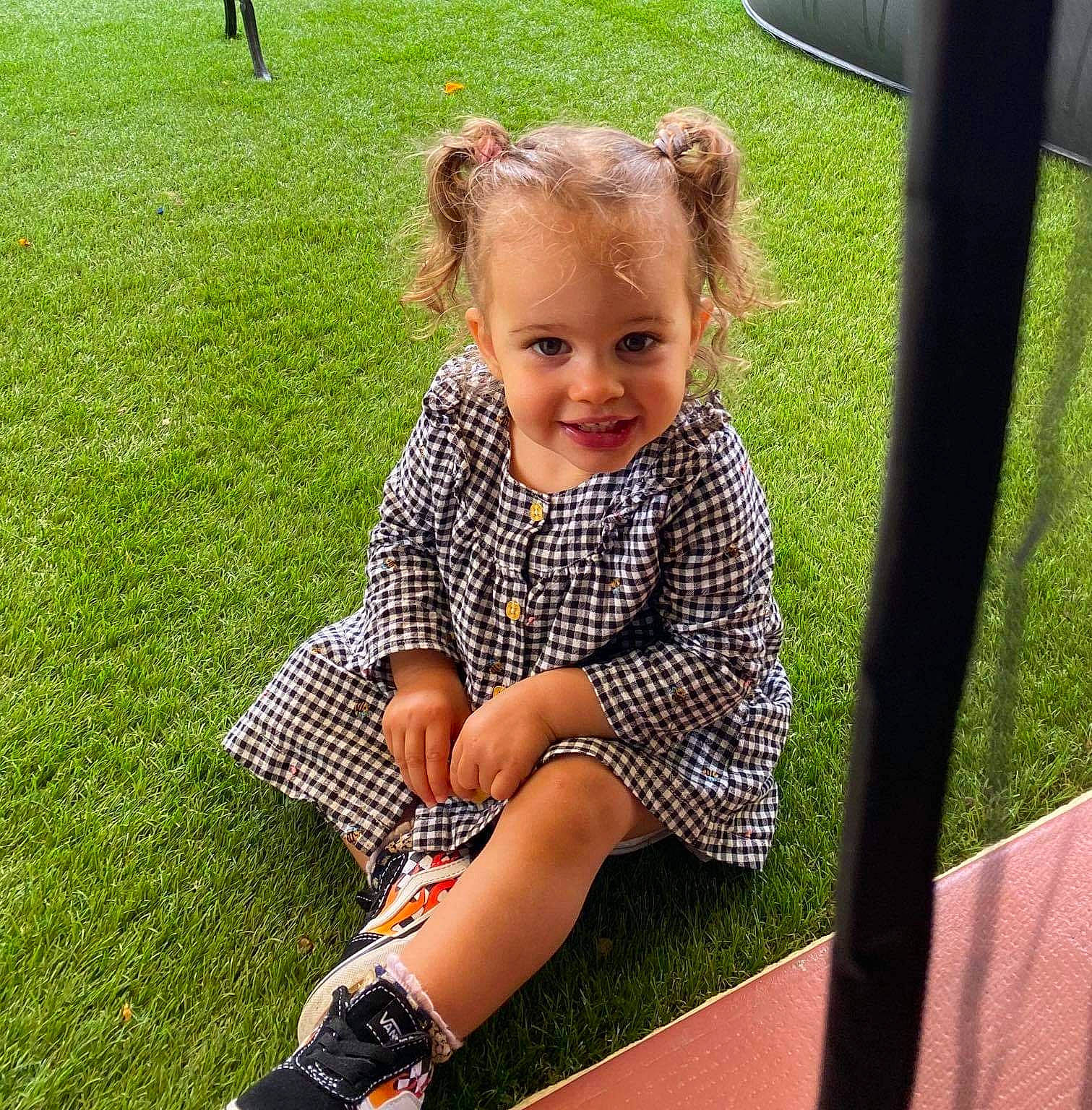 Emma participe au concours pour gagner de l'argent avec cette photo : baby, baby_toddler_clothing, blond, cool, dress, fun, grass, happy, joy, knee, leg, leisure, mammal, pattern, people_in_nature, person, plant, recreation, sitting, smile