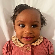 Teya is registered to the contest to win money with this photo: baby, child, smile, face, eyes, clothing, pink, button, lace, head, hair, portrait, cute, happy, infant, person, skin, background, closeup, young