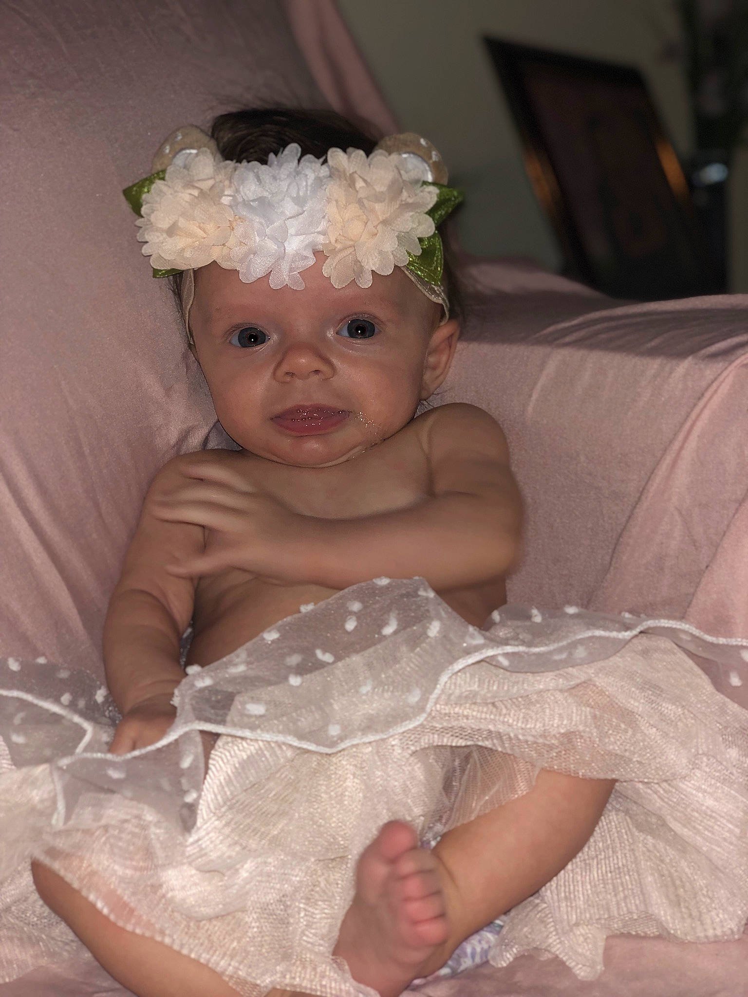 Kinsley joined the competition — help win amazing prizes! baby_toddler_clothing, bridal_accessory, child, comfort, dress, embellishment, finger, flash_photography, happy, head, headband, headgear, headpiece, headwear, iris, organ, person, pink, skin, smile