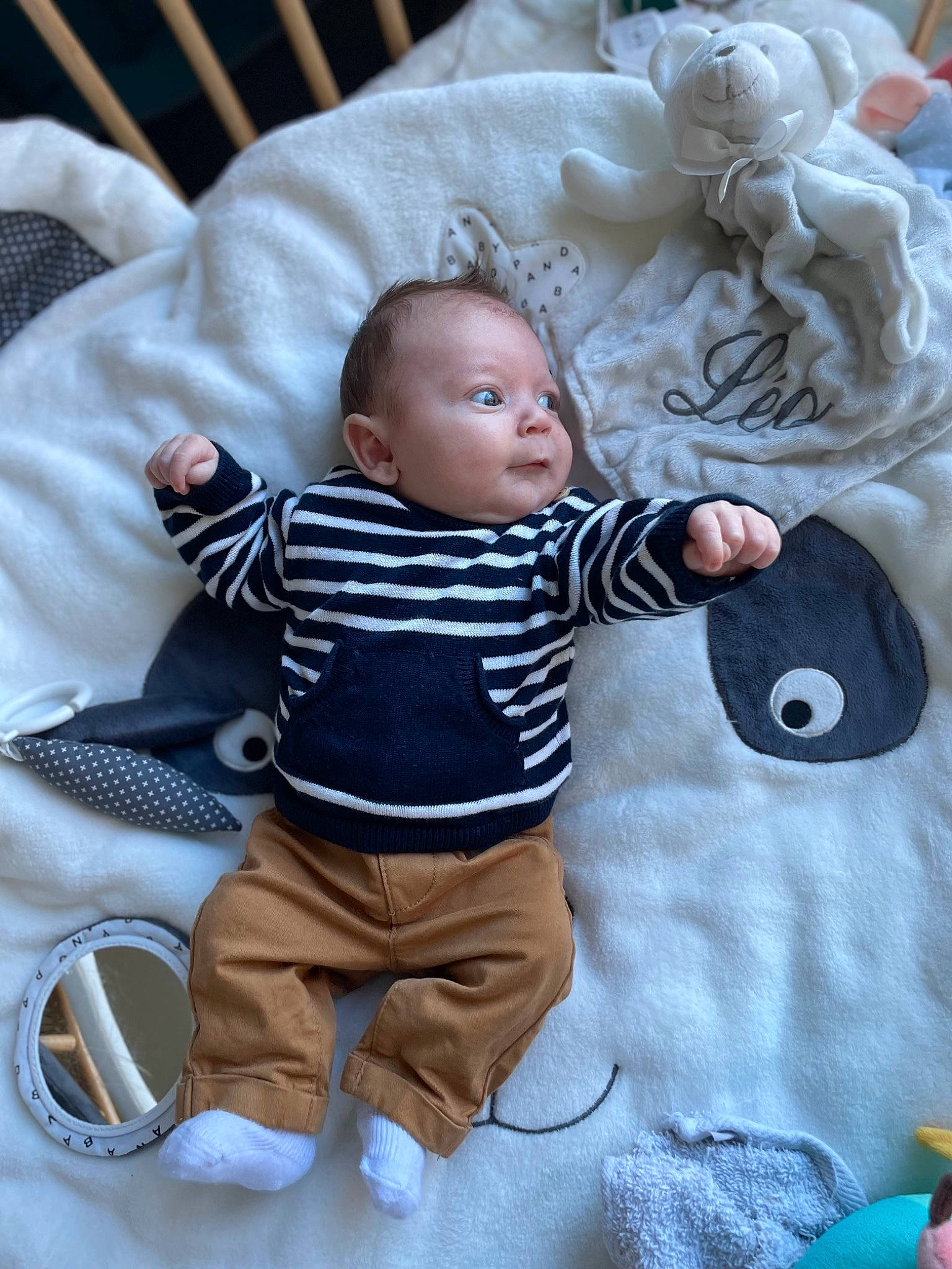 Léo a rejoint le concours — aidez-le/la à gagner de superbes lots ! baby, baby_products, baby_toddler_clothing, cheek, child, comfort, fur, happy, linens, outerwear, pattern, person, play, room, sitting, sleeve, stuffed_toy, t_shirt, toddler, toy