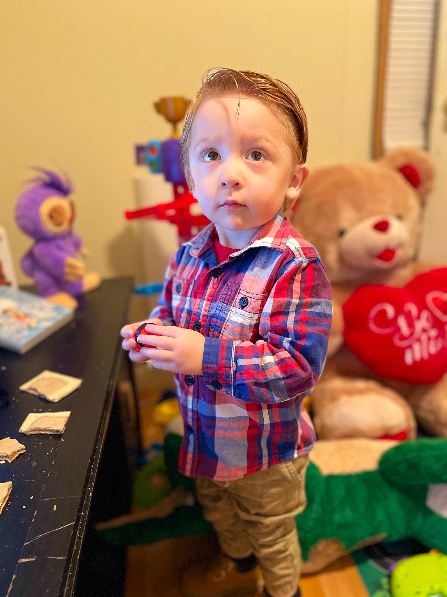 Grayson Kevin Anthony Sparks is registered to the contest to win money with this photo: baby, child, electric_blue, event, fun, happy, human, pattern, person, plaid, play, purple, room, sitting, skin, standing, table, tartan, teddy_bear, toddler