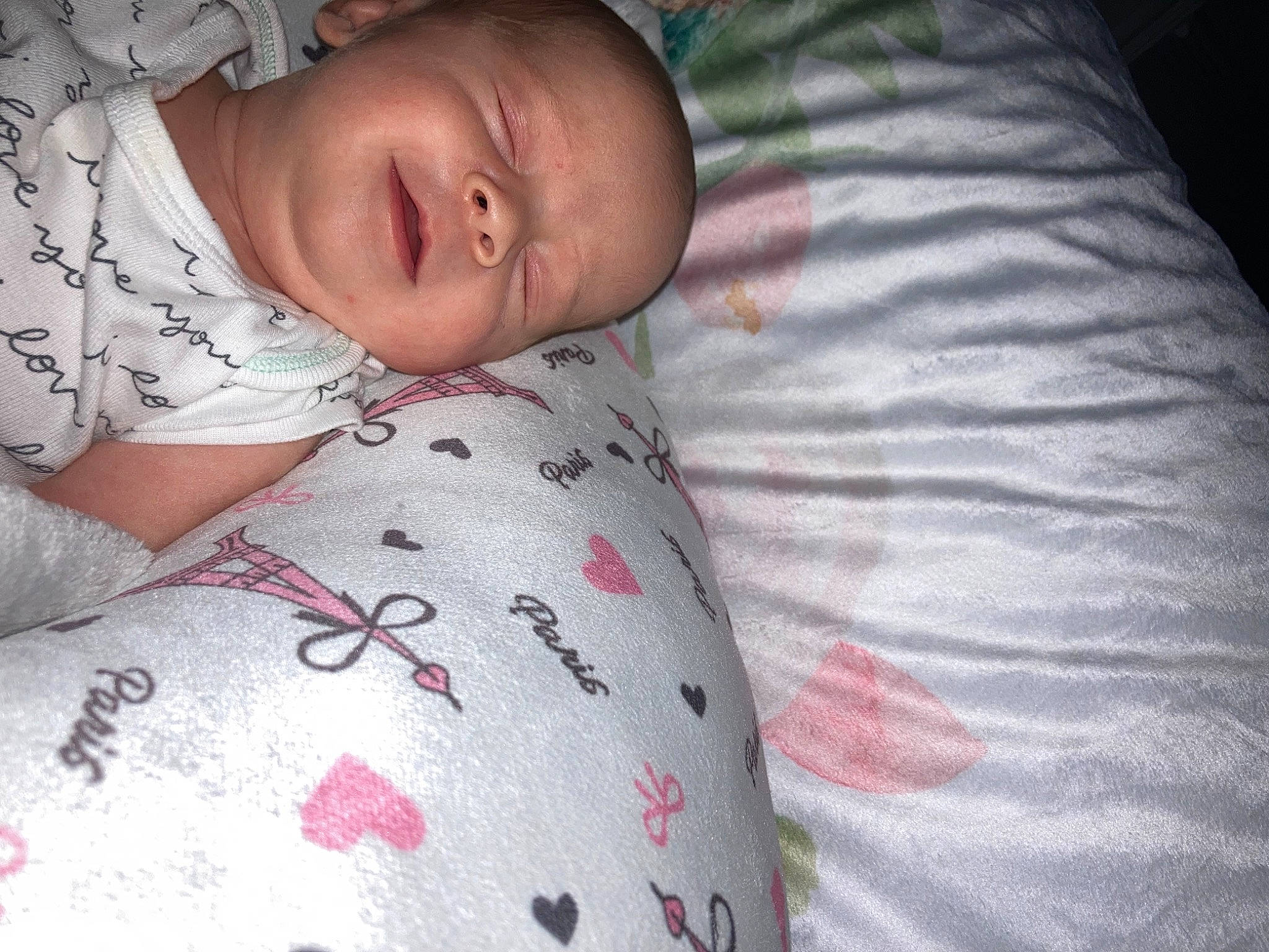 Sofia is registered to the contest to win money with this photo: baby, baby_products, baby_sleeping, baby_toddler_clothing, bedding, bedtime, cheek, child, comfort, eye, face, linens, mammal, pattern, person, pink, product, skin, sleeve, textile