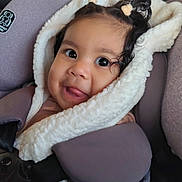 Harper joined the competition — help win amazing prizes! baby, infant, child, car_seat, car_interior, sherpa_blanket, hood, pigtails, hair_ties, big_eyes, smile, tongue_out, seat_buckle, safety_harness, headrest, plush, portrait, cute, arm, car_window
