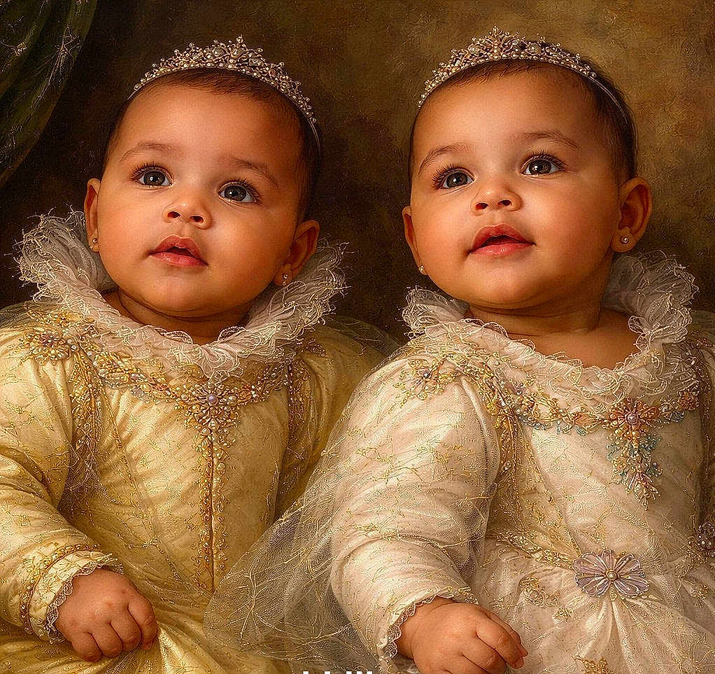 Amaya And Ariana joined the competition — help win amazing prizes! baby, twins, infant, portrait, tiara, crown, dress, lace, golden, jewelry, big_eyes, cute, smile, royal, vintage, studio_lighting, soft_light, hands, fabric, earrings