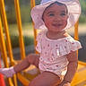 toddler, child, smiling, hat, sunhat, outdoor, yellow_chair, cute, happy, summer, clothing, baby, portrait, sitting, sunlight, blurry_background, cute_outfit, face, person, cheerful