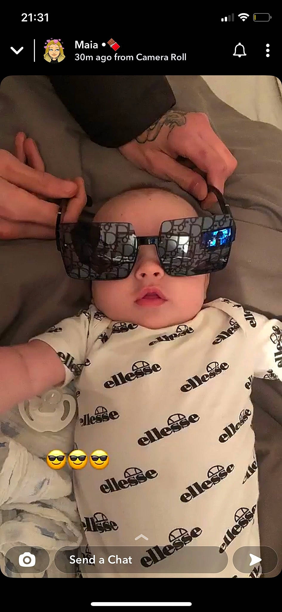 Kodi is registered to the contest to win money with this photo: baby, baby_toddler_clothing, cheek, cool, eyebrow, eyewear, finger, flash_photography, gesture, glasses, goggles, hand, happy, headwear, person, personal_protective_equipment, skin, sleeve, sunglasses, thumb