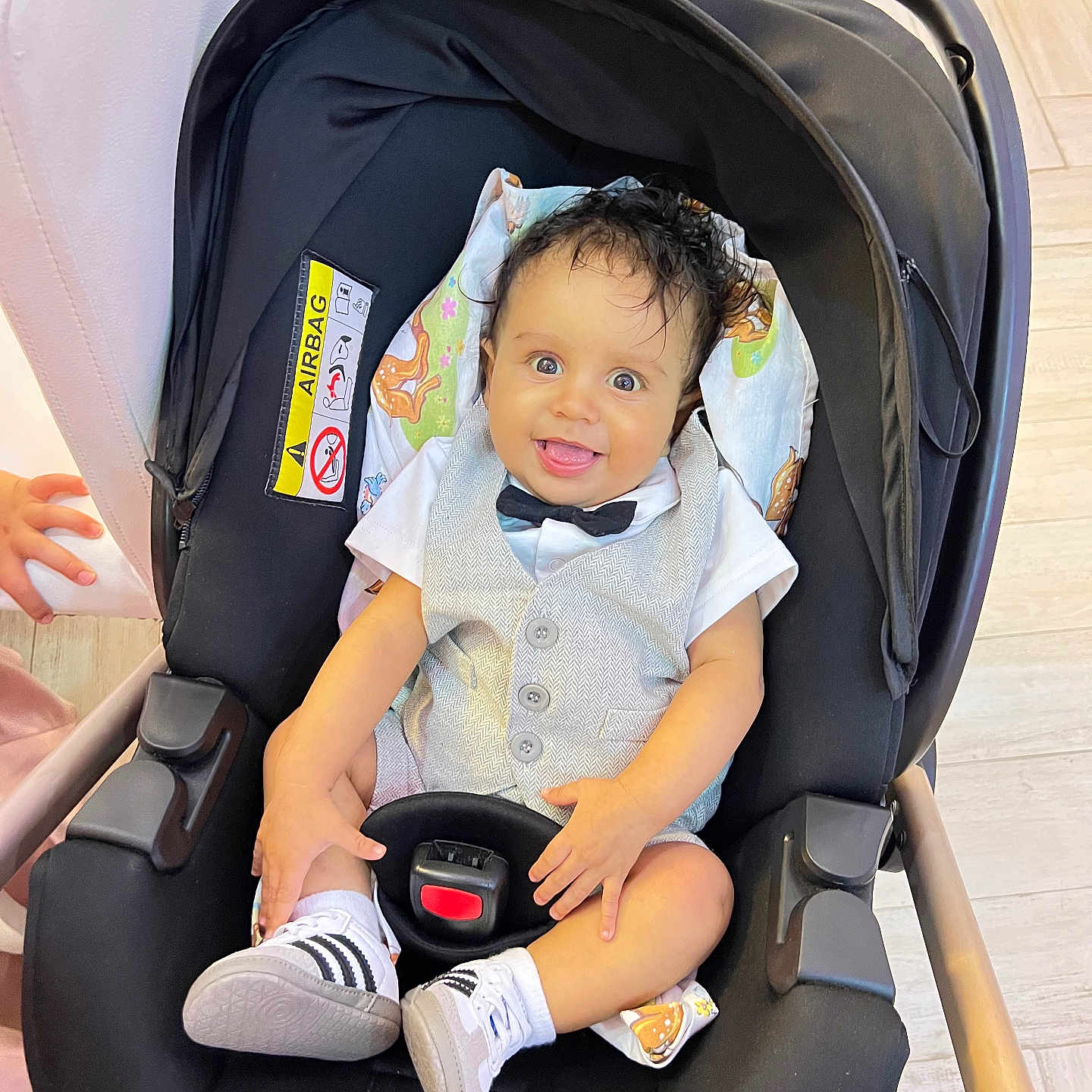 Aylan participe au concours pour gagner de l'argent avec cette photo : baby, bow_tie, buckle, canopy, car_seat, child, fabric, floor, hair, hand, happy, infant, pattern, portrait, seat, shoes, smile, sneakers, stroller, vest