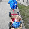 Douglas is registered to the contest to win money with this photo: child, toddler, curly_hair, blue_shirt, spiderman, tricycle, wagon, outdoor, sidewalk, grass, bench, play, toy, ride, pedal, summer, daylight, happy, casual_clothing, fun