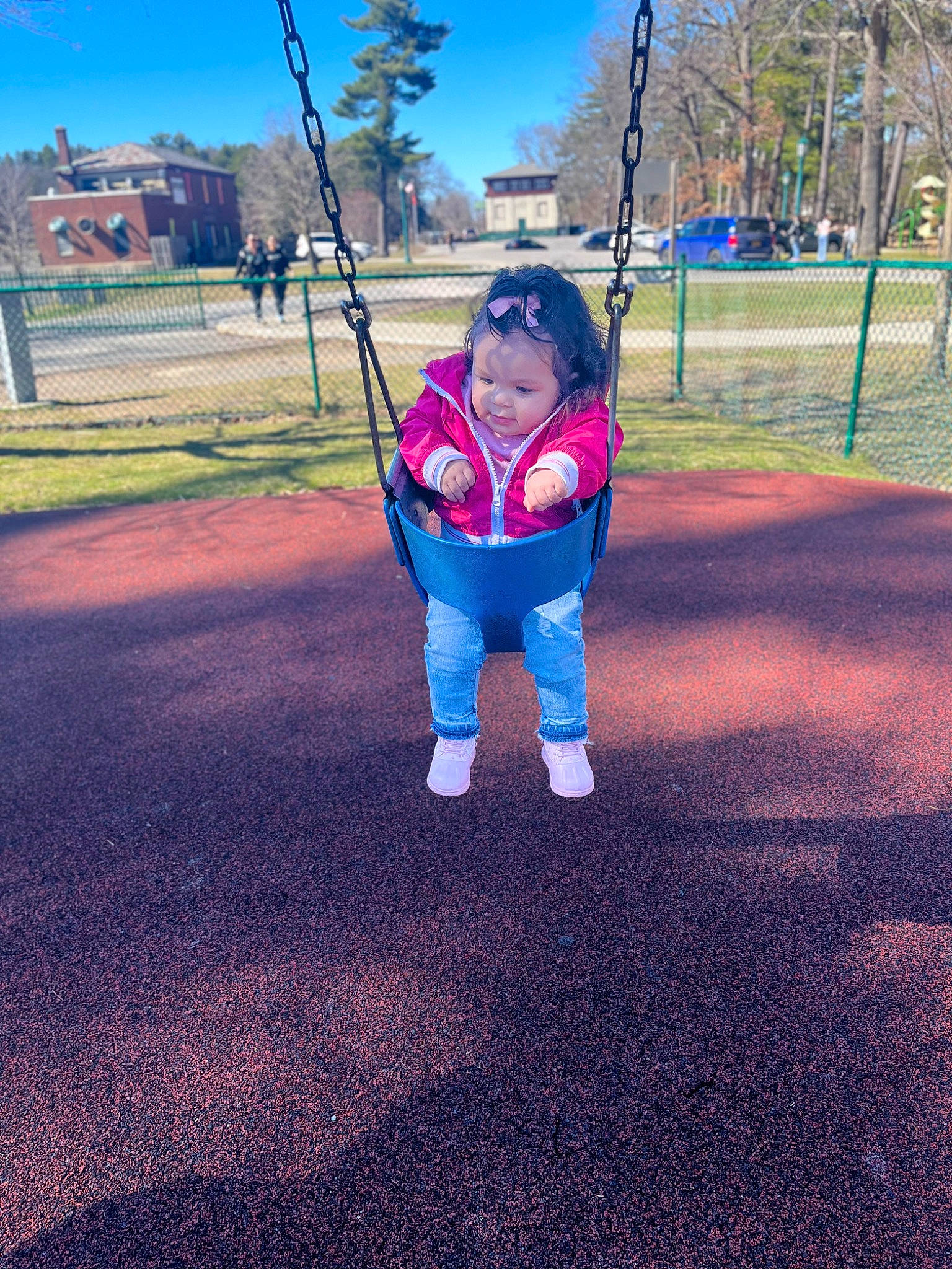 Rhea joined the competition — help win amazing prizes! baby, child, city, electric_blue, fun, grass, happy, headwear, leisure, outdoor_play_equipment, people_in_nature, person, plant, playground, recreation, sky, sleeve, swing, tints_and_shades, toddler