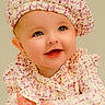 baby, child, infant, smiling, happy, clapping, portrait, close_up, face, eyes, hat, outfit, pink, cream, patterned_clothing, indoors, studio, looking_at_camera, joyful, photography