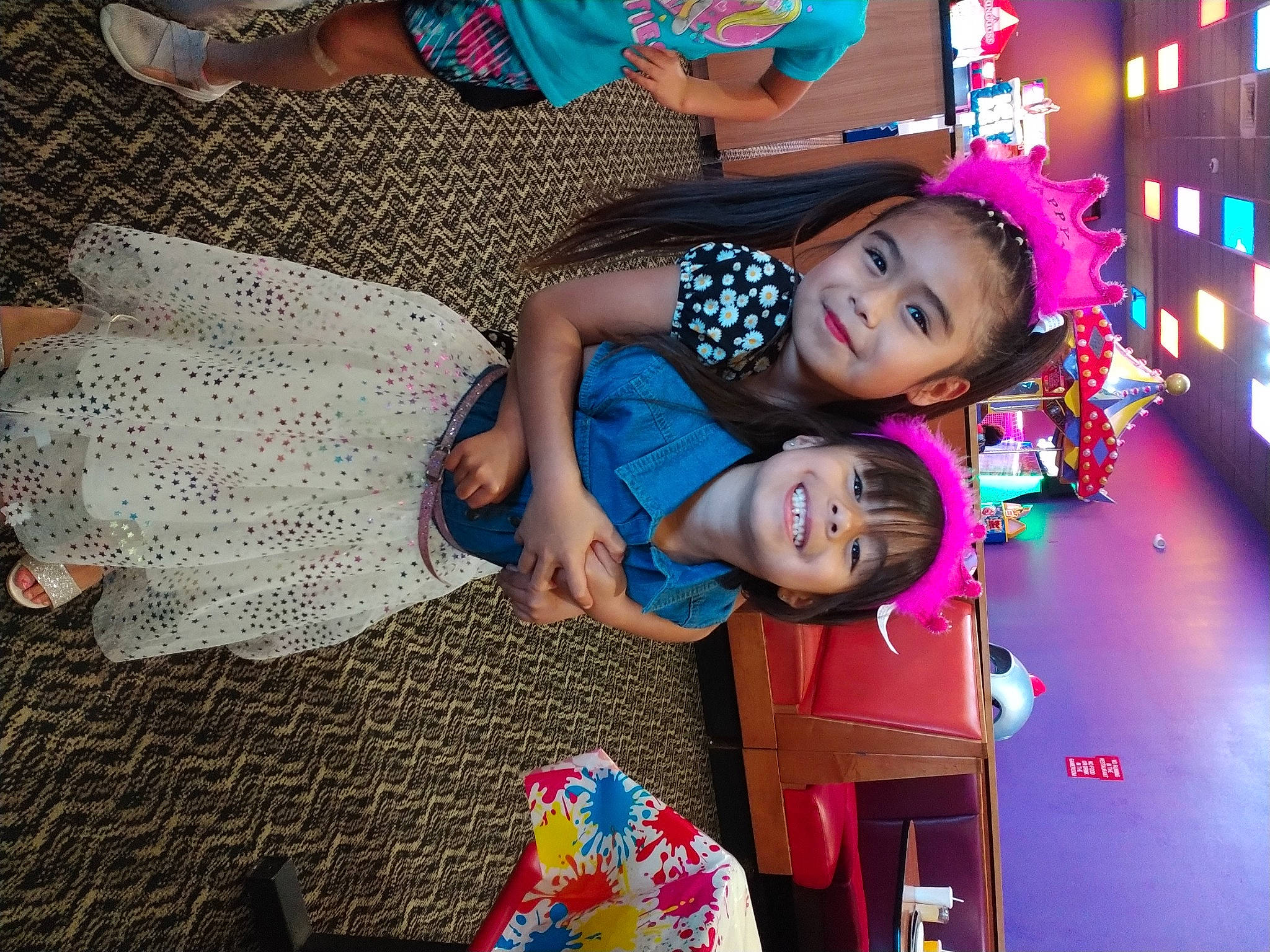 Aliyanna joined the competition — help win amazing prizes! blue, child, entertainment, event, fun, happy, holiday, joy, leisure, light, magenta, party, pattern, person, pink, purple, recreation, sitting, smile, toddler