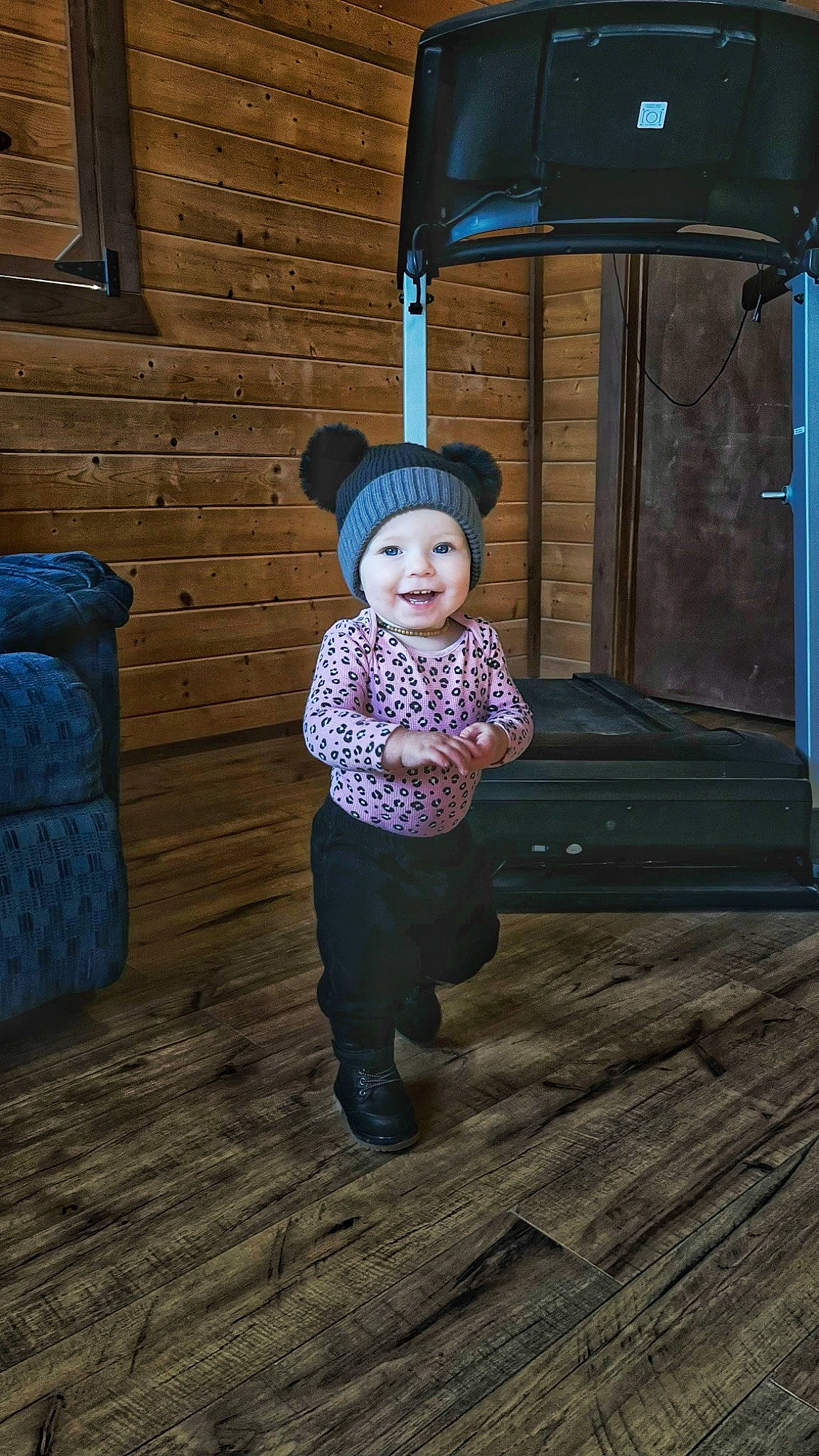 Annabelle joined the competition — help win amazing prizes! baby_toddler_clothing, beanie, cap, child, electric_blue, flash_photography, floor, flooring, fun, happy, hardwood, hat, headwear, joy, leisure, magenta, person, purple, sitting, smile