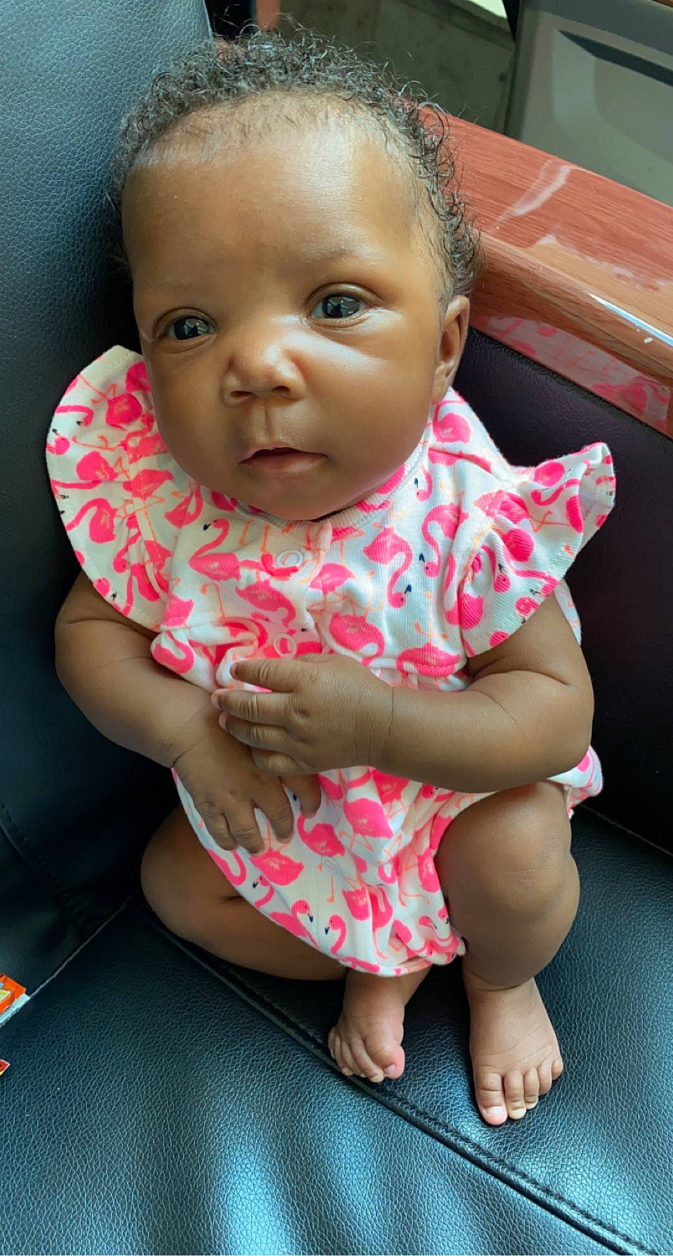 Allana is registered to the contest to win money with this photo: baby, baby_toddler_clothing, cheek, child, chin, dress, eye, eyelash, face, finger, happy, head, iris, lip, mouth, nose, person, pink, skin, sleeve