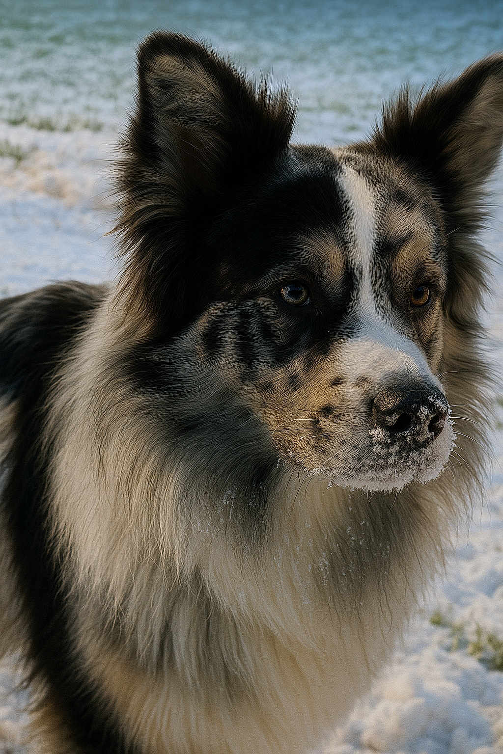 Teddy participe au concours pour gagner de l'argent avec cette photo : dog, snow, outdoor, animal, fur, winter, nature, closeup, portrait, pet, canine, ears, nose, whiskers, cold, frost, muzzle, background, daylight, watchful