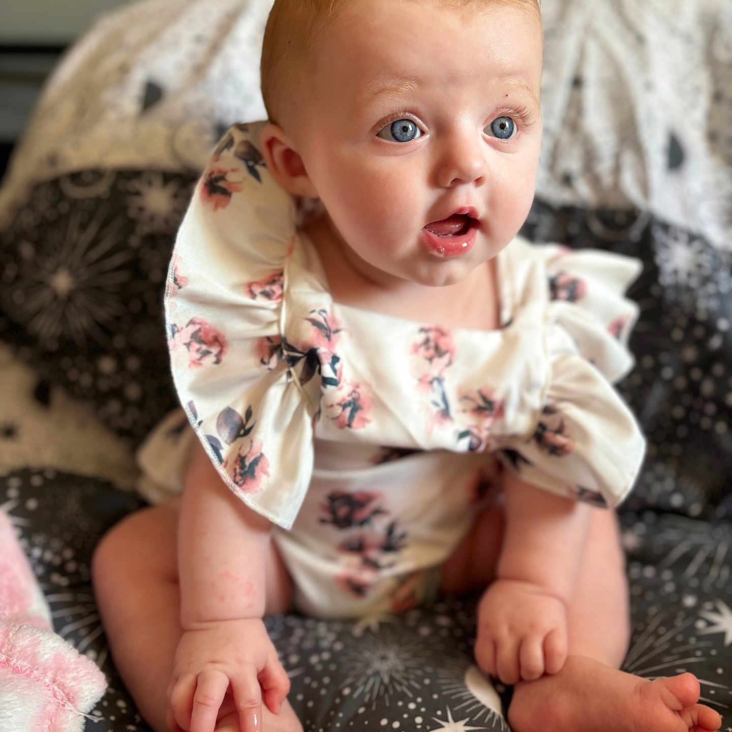 Ocean joined the competition — help win amazing prizes! baby, blanket, blonde, bodypart, clothing, couch, crawling, dress, face, finger, furniture, hair, hand, head, newborn, person, photography, portrait, sitting, yawning