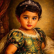Aavya is registered to the contest to win money with this photo: child, girl, portrait, tiara, dress, green_dress, golden_pattern, jewelry, necklace, earrings, curly_hair, brown_hair, large_eyes, face, vintage_style, royal, elegant, indoor, fabric, smile