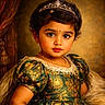 child, girl, portrait, tiara, dress, green_dress, golden_pattern, jewelry, necklace, earrings, curly_hair, brown_hair, large_eyes, face, vintage_style, royal, elegant, indoor, fabric, smile