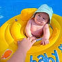 Ezio Jegu participe au concours pour gagner de l'argent avec cette photo : baby, child, pool, water, inflatable, float, yellow, hat, sunhat, hand, skin, outdoor, summer, expression, cute, person, holding, blue, reaching, swimming