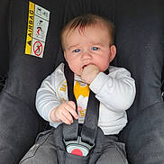 Ezio a rejoint le concours — aidez-le/la à gagner de superbes lots ! baby, blue_eyes, car_seat, child, chubby_cheeks, clothing, cute, hand_in_mouth, indoor, infant, pants, person, portrait, safety, seatbelt, secure, straps, sweater, warning_label, young_child
