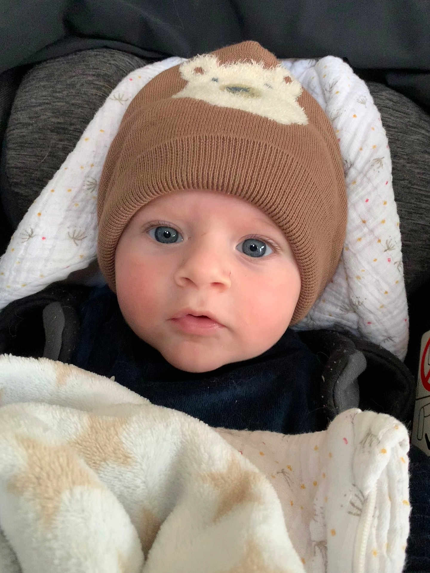 Paul participe au concours pour gagner de l'argent avec cette photo : baby, infant, hat, blanket, blue_eyes, face, clothing, cute, cozy, warm, child, portrait, indoors, person, headwear, newborn, soft, expression, bundle, closeup