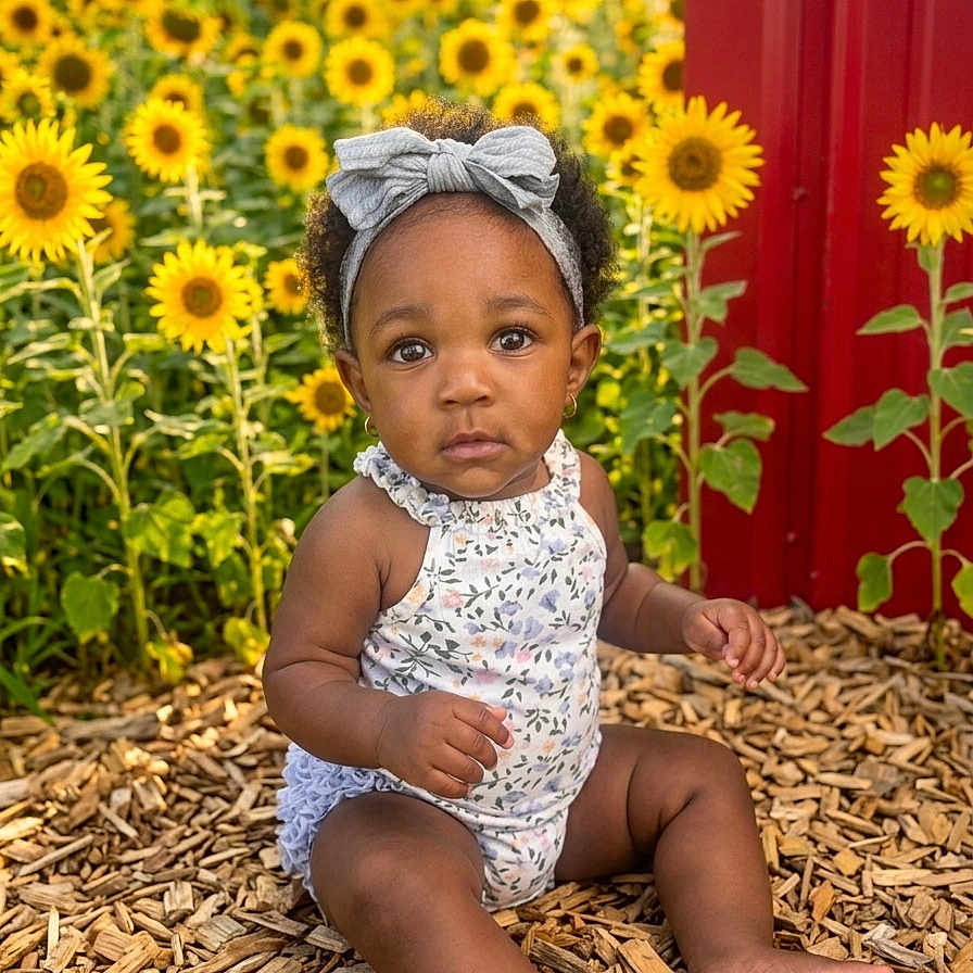 Azianna is registered to the contest to win money with this photo: toddler, child, sunflowers, headband, bow, outdoor, nature, flowers, plants, wood_chips, red_wall, summer, cute, baby, sitting, portrait, greenery, sunlight, curious, garden