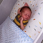 Harrison joined the competition — help win amazing prizes! baby, newborn, sleeping, bassinet, blanket, dinosaur_pattern, infant, child, resting, cozy, cute, soft, mesh_sides, yellow_striped_clothing, peaceful, indoors, portrait, small_hands, face, relaxed