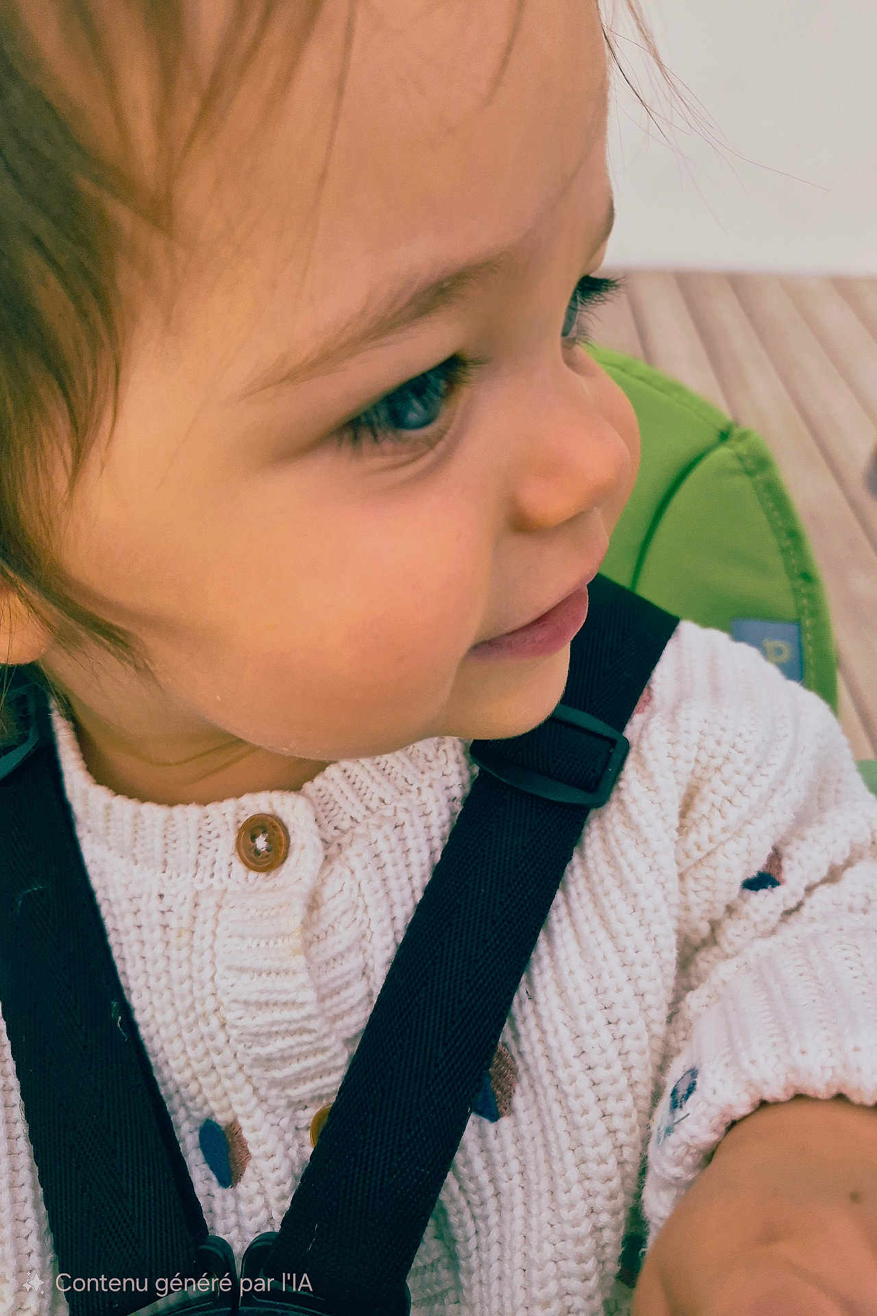 Garance participe au concours pour gagner de l'argent avec cette photo : toddler, child, face, profile, knitted_sweater, button, straps, seat, green, curly_hair, long_eyelashes, cute, indoors, portrait, baby, clothing, person, smile, skin, young_child